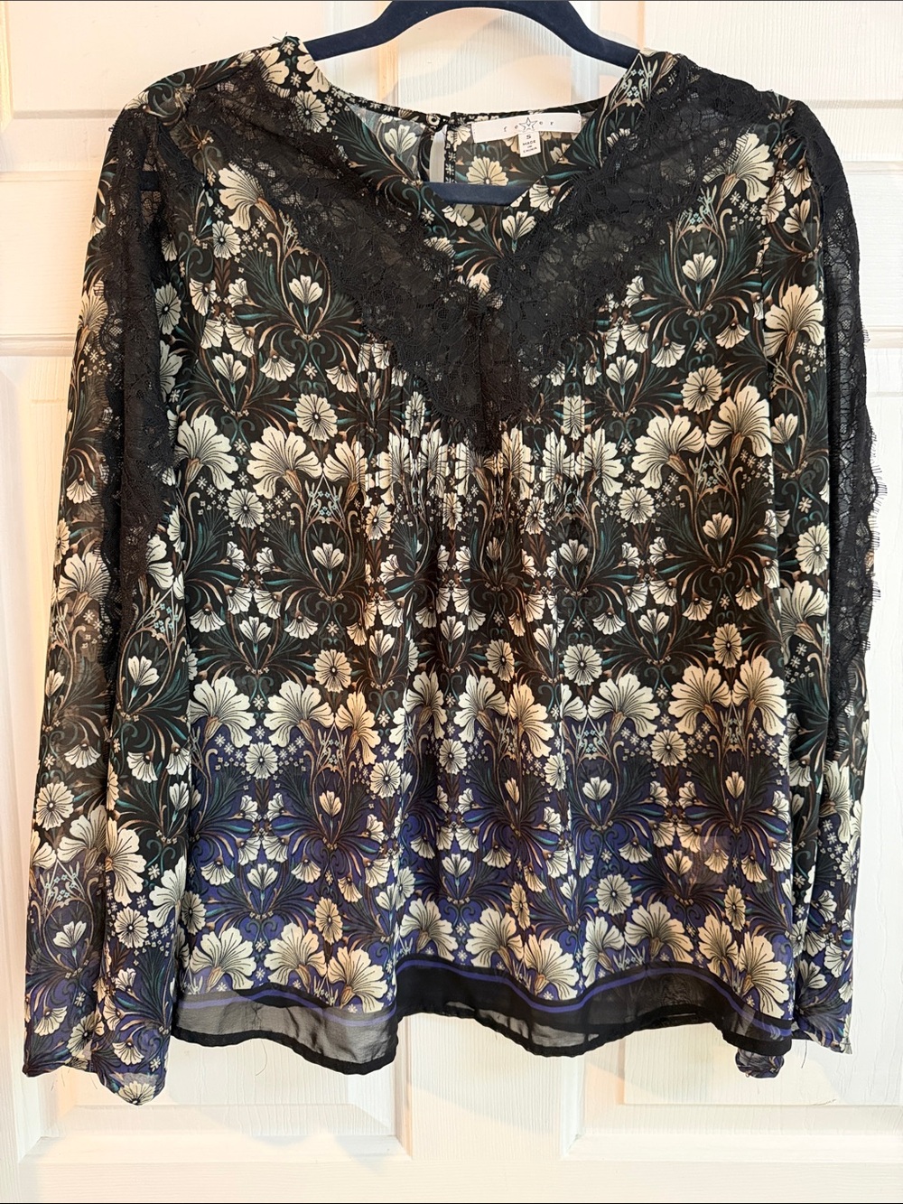 Botanical Noir Boho inspired Black and Cream Floral Lace-Trim Blouse